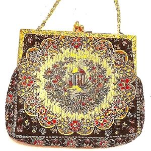 Vintage Black & Gold tapestry mini bag with Gold Chain strap. Made in France.